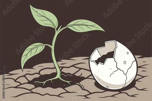 39 Plant seedling, cracked eggshell, exposed roots, soil ball, green leaves, water droplets, growth concept, macro photography, dark background, organic textures, symbolism of birth, environmental ima