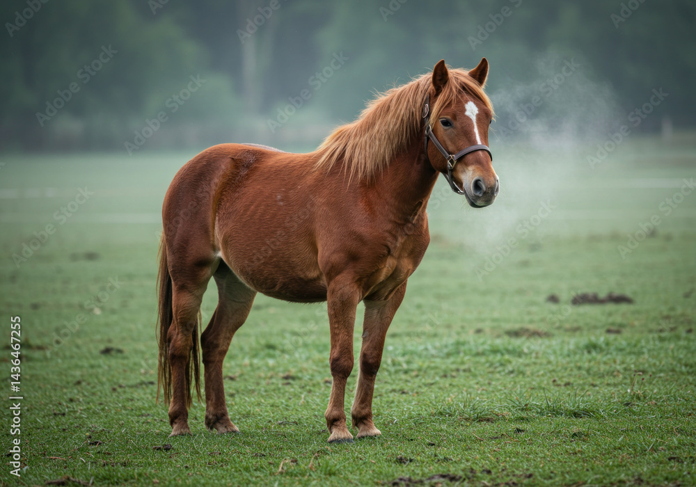 Fototapeta premium Brown horse standing in a foggy field, exuding a serene presence amidst the mist, blending with the muted background.