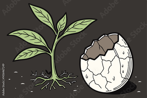 39 Plant seedling, cracked eggshell, exposed roots, soil ball, green leaves, water droplets, growth concept, macro photography, dark background, organic textures, symbolism of birth, environmental ima