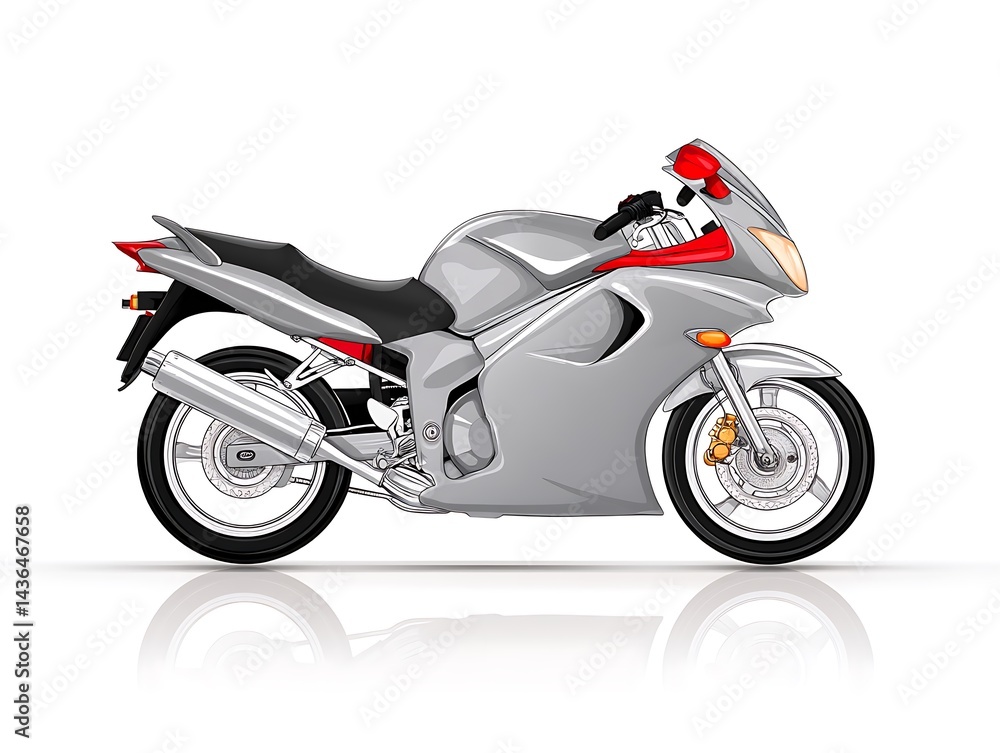 Sleek silver sportbike, red accents, reflective surface