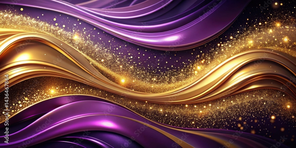Abstract Purple and Gold Luxurious Swirling Fabric with Shimmering Glitter Background Abstract Purple and Gold Luxurious Swirling Fabric with Shimmering Glitter Background