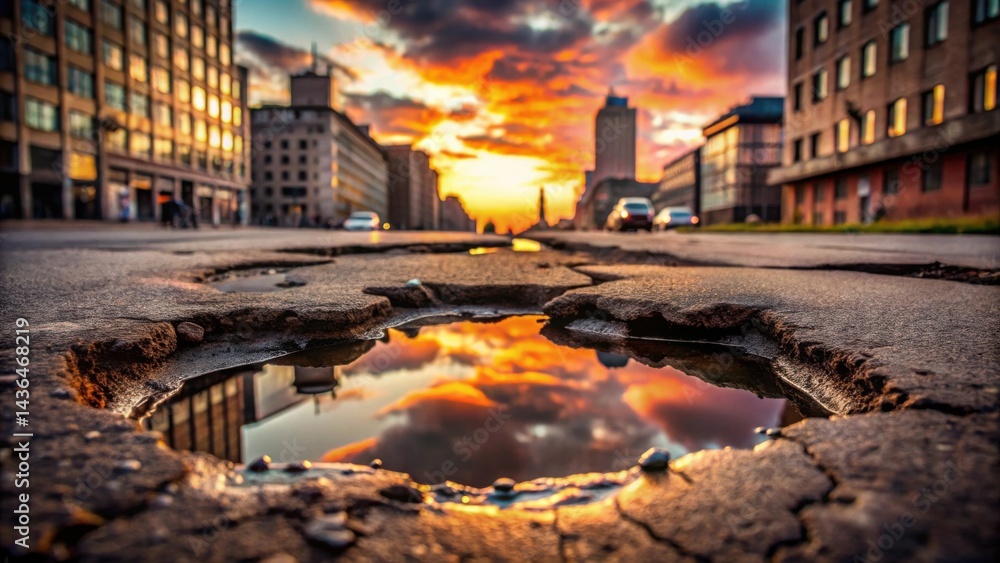 Sunset Reflection in a Pothole on a City Street Showing Urban Decay and the Beauty of Nature's Light Sunset Reflection in a Pothole on a City Street Showing Urban Decay and the Beauty of Nature's Light