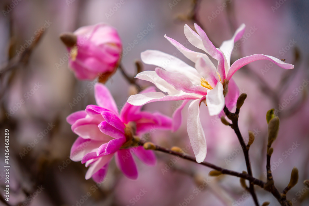 Blooming magnolia in spring. Beautiful buds of pink flowers close-up with blurred space for text. Blooming magnolia in spring. Beautiful buds of pink flowers close-up with blurred space for text.