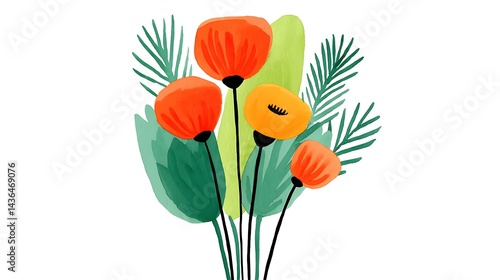 Wallpaper Mural Stylized floral bouquet; orange, yellow flowers, green leaves, watercolor effect Torontodigital.ca