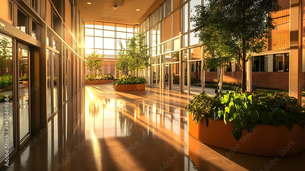 Fototapeta premium Modern Hallway with Large Glass Windows and Greenery in Building