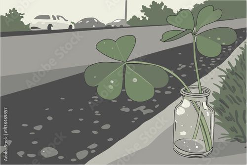 41 Close-up of clover leaf, small glass vase, water droplets, asphalt road, bokeh background, cars in distance, green foliage, macro photography, depth of field, nature meets urban, reflective surface