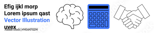 Brain, blue calculator, and handshake outline symbolize thinking, analytics, and partnership. Ideal for business, learning, teamwork, strategy financial planning and simple landing page
