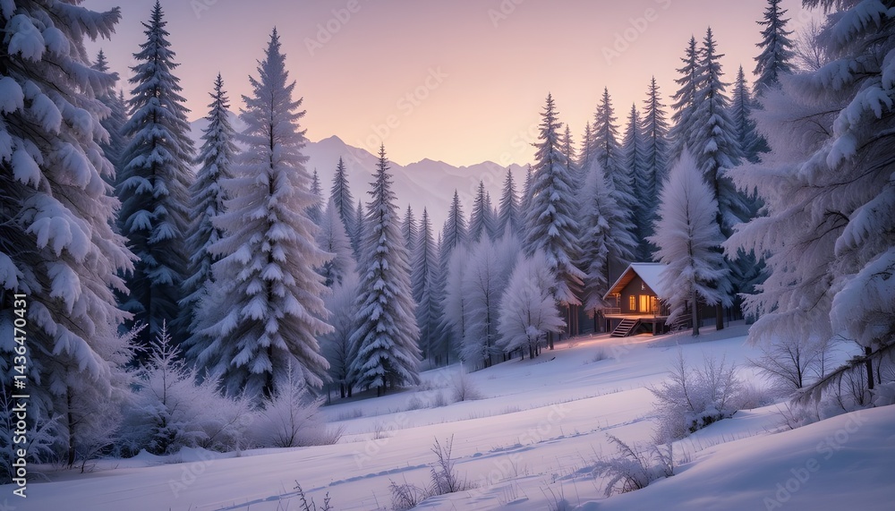 Cozy Log Cabin with Warm Glowing Windows in Snowy Pine Forest at Dusk, Serene Winter Landscape Photography for Holiday Cards, Travel Destinations, and Seasonal Home Decor Cozy Log Cabin with Warm Glowing Windows in Snowy Pine Forest at Dusk, Serene Winter Landscape Photography for Holiday Cards, Travel Destinations, and Seasonal Home Decor