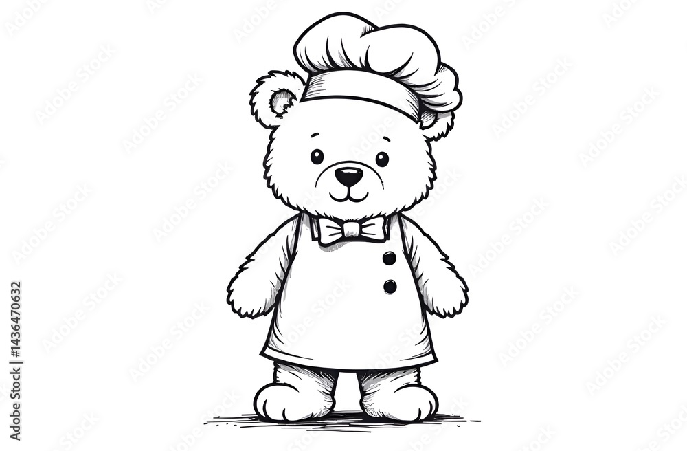 Coloring book. Linear black and white drawing. A cute teddy bear in a chef's suit and hat. White background. Coloring book. Linear black and white drawing. A cute teddy bear in a chef's suit and hat. White background.