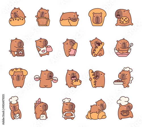 Capybara baking character set featuring adorable food scenes with bread, toast, cookies, baguettes, donuts and joyful kitchen moments for yours illustration and creative designs projects