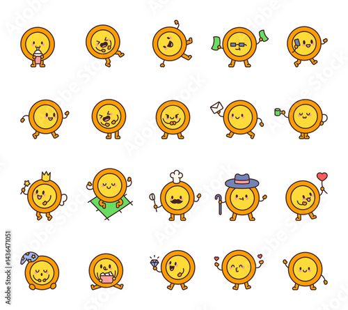Little coin character set featuring various charming expressions, adorable moments, magical elements, business vibes, cute objects, emotional scenes and everyday activities