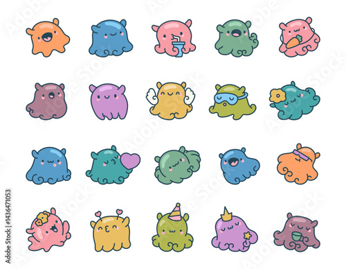 Charming octopus dumbo character set showing emotional moments with smiling faces, cute objects, funny accessories, magical items and cozy expressions for yours designs projects