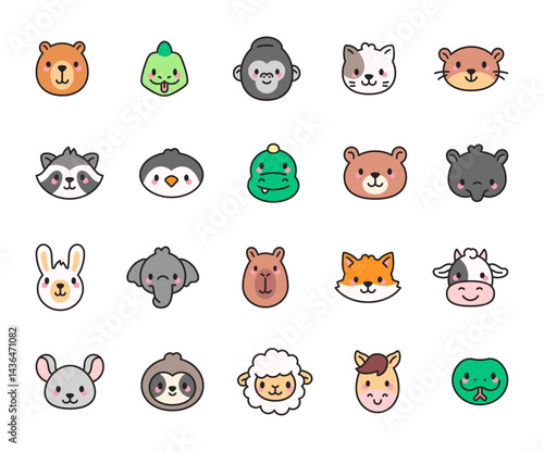 Animal face character set with funny emotions, charming fur creatures, cute reactions, friendly species, happy styles and adorable illustrations for yours designs projects