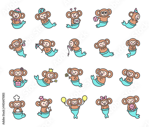 Charming mermaid monkey character set showing emotions and activities like drinking juice, sending letters, wearing hats and celebrating together for yours designs projects