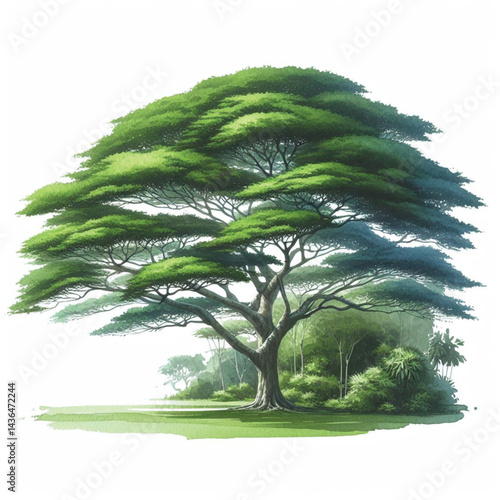 Vector watercolor green tree or forest side view isolated on white background for landscape and architecture drawing,elements for   garden,botanical element for exterior section in spring