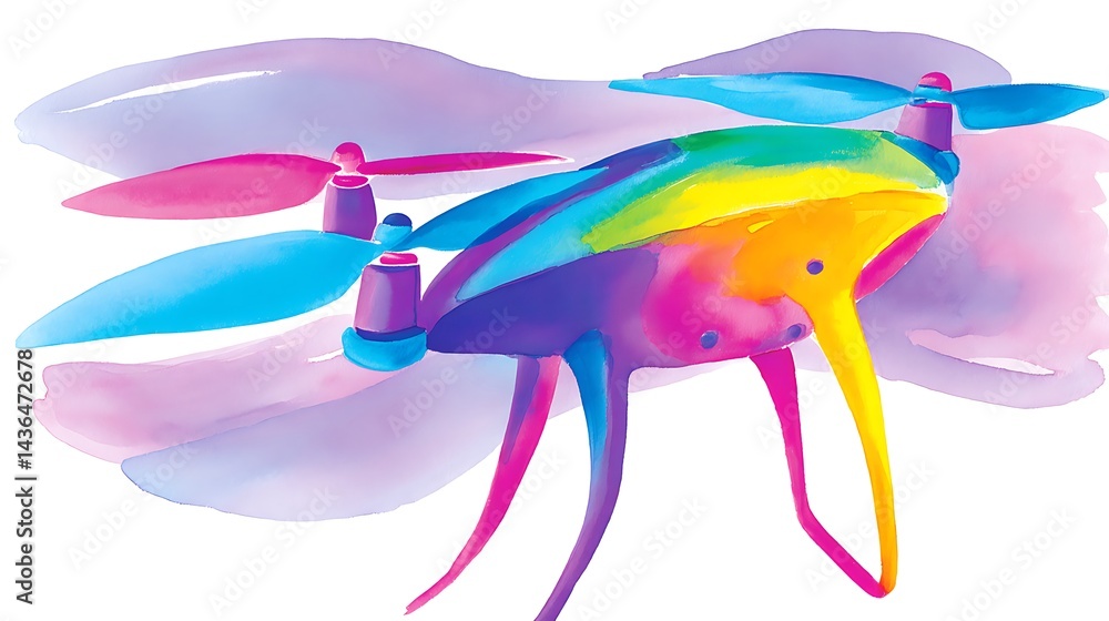 Obraz premium A vibrant, watercolor-style illustration of a colorful drone in flight