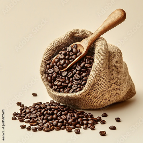 A beautiful studio photography of aSack of coffee beans and scoop. Coffee beans in a sack with traditional wooden spoon.  Raw and fresh coffee beans filled in sack.  