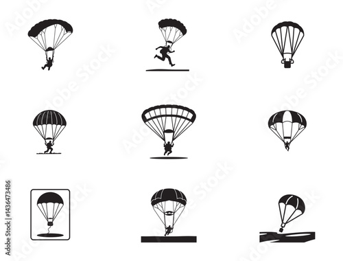 Parachute Landing Silhouette – Clean Vector Art on White Background