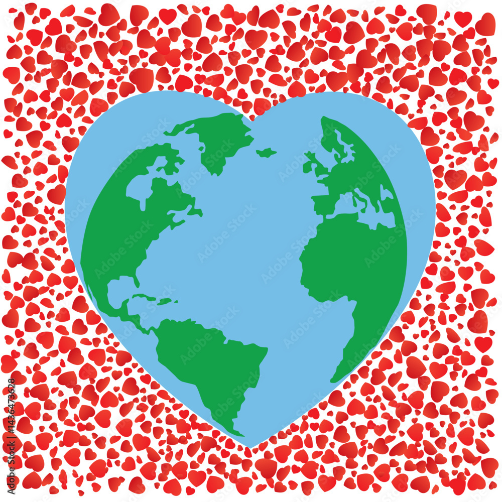 The love heart with a globe inside. A world map with a love hearts all around. Vector illustration.
