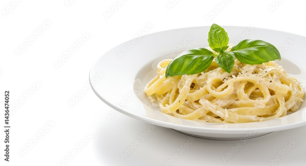 Delicious fettuccine pasta topped with fresh basil and Parmesan cheese, served on a white plate, conveying an inviting and appetizing mood Delicious fettuccine pasta topped with fresh basil and Parmesan cheese, served on a white plate, conveying an inviting and appetizing mood