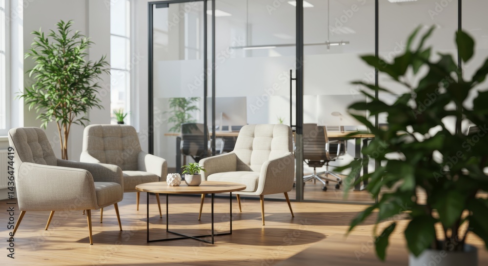 Fototapeta premium Bright, modern office interior featuring comfortable seating, houseplants, and a minimalist coffee table, creating a serene and inviting atmosphere for collaboration