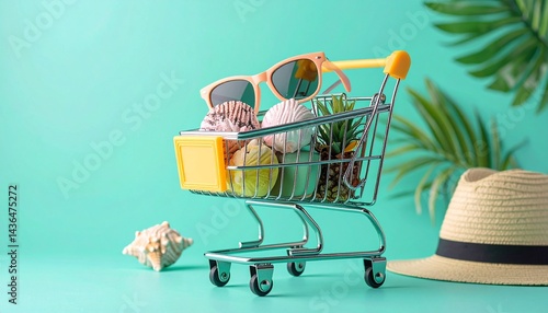 Summer shopping theme, shopping trolley fill in summer tropical vacation accessories