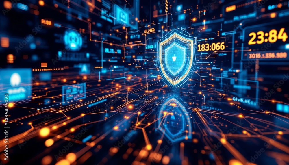 Fototapeta premium Digital Shield: Abstract digital network security concept with a shield icon representing data protection and cyber defense, against the backdrop of glowing circuits and information streams.