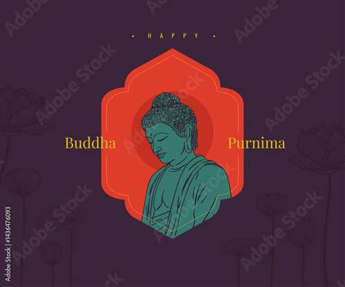 Happy Vesak Day, Buddha Purnima wishes greetings with the Buddha vector illustration. Can be used for a poster, social media banner, or greeting card design