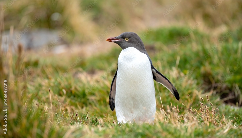 Obraz premium Yellow eyed penguin, at grass field 