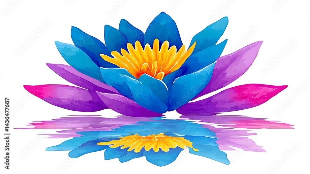 Obraz premium Vibrant blue, purple, and yellow water lily reflected in calm water