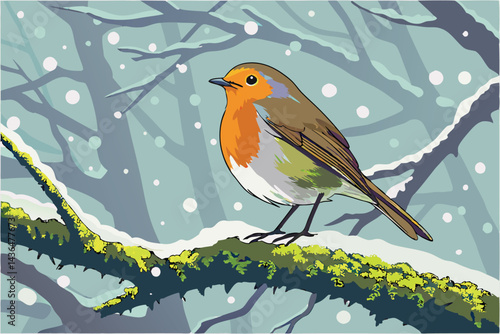 43 European robin, orange breast, yellow flower petals on head, perched on frosty branch, moss-covered twig, misty background, high detail, vibrant colors, macro photography, wildlife portrait, crisp 