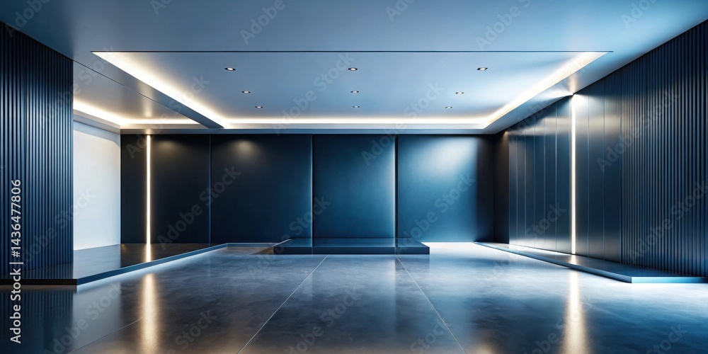 Fototapeta premium Modern Minimalist Interior Design Sleek Dark Blue Walls, Polished Floor, and Subtle Ambient Lighting Create a Serene and Sophisticated Atmosphere