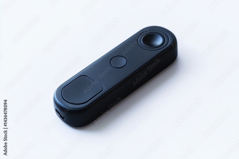 Close up of a sleek dark device with buttons isolated on white background Close up of a sleek dark device with buttons isolated on white background