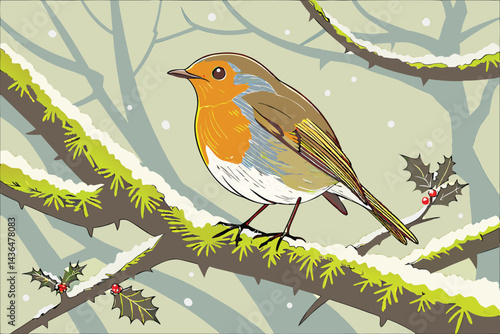 43 European robin, orange breast, yellow flower petals on head, perched on frosty branch, moss-covered twig, misty background, high detail, vibrant colors, macro photography, wildlife portrait, crisp 
