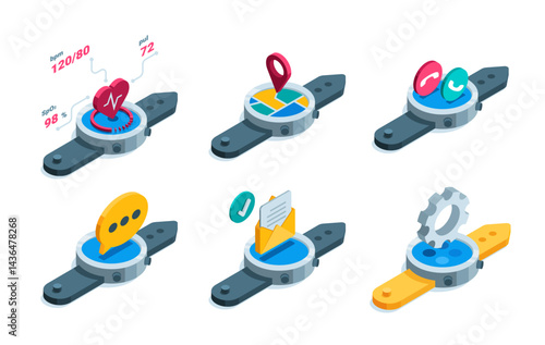 Isometric vector set of smartwatches with message and app icons, in color on white background, gadget for sports and work