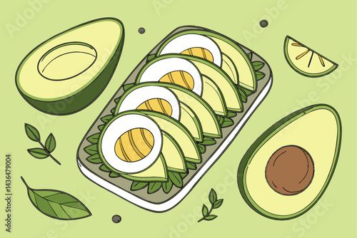 44 Avocado halves, sliced avocado in egg-shaped dish, whole avocados, green background, symmetrical composition, fresh produce, healthy ingredients, food photography, high-resolution, macro details, v