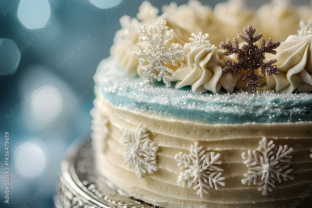 Fototapeta premium Frosted cake with white icing and snowflake decorations Generative AI