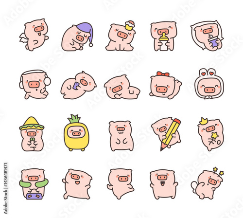 Little pig character set enjoying various activities and charming moments like relaxing, drinking, dancing, dressing up, holding magical items and sleeping peacefully for yours projects