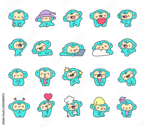 Charming blue monkey character set enjoying fun activities like sitting, sleeping, dancing, studying, celebrating holidays and holding adorable magical and tasty objects
