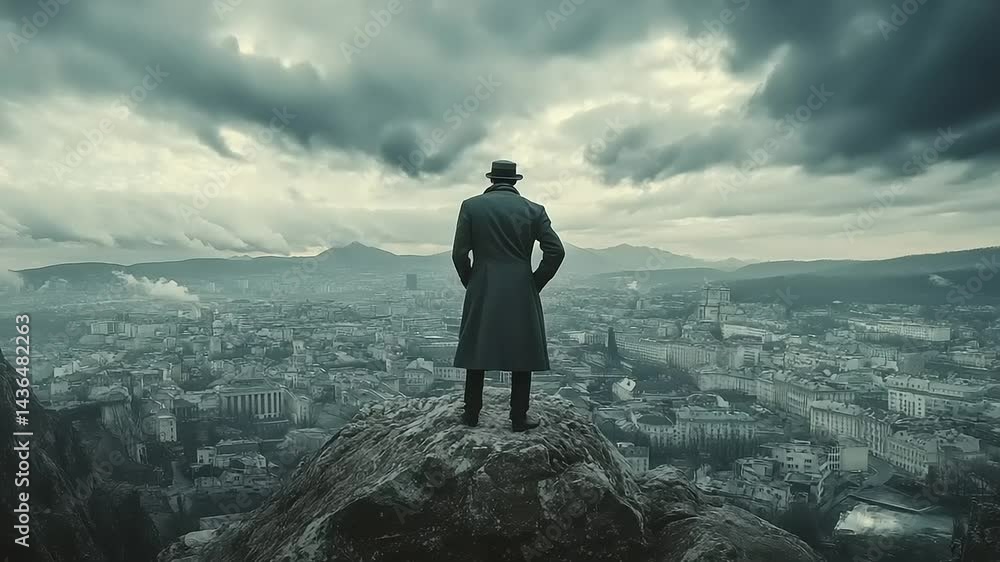 Man in a long coat stands on a rocky outcrop overlooking a city under dramatic skies Man in a long coat stands on a rocky outcrop overlooking a city under dramatic skies