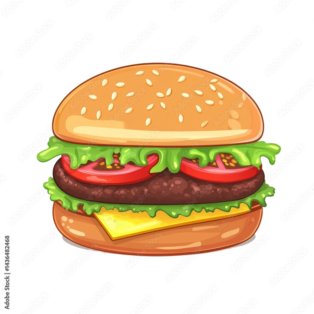 Juicy burger sesame bun lettuce tomato cheese beef patty delicious fast food meal Juicy burger sesame bun lettuce tomato cheese beef patty delicious fast food meal