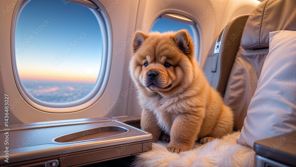 cute chow chow puppy on the plane near the window