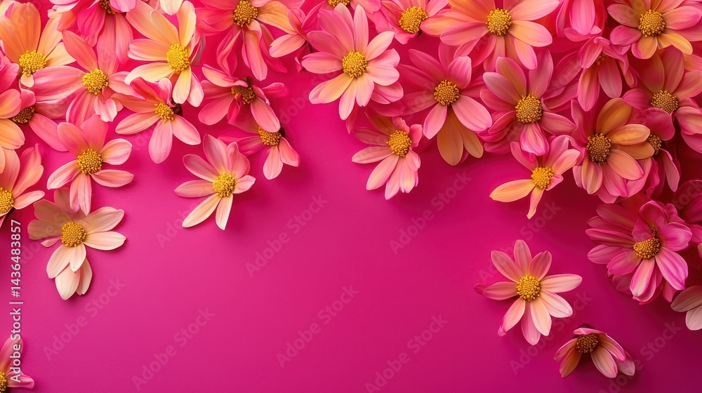 Subtle cascade of bright pink and golden daisy petals drifting lightly, isolated on a bold fuchsia background, perfect for cheerful designs. Subtle cascade of bright pink and golden daisy petals drifting lightly, isolated on a bold fuchsia background, perfect for cheerful designs.