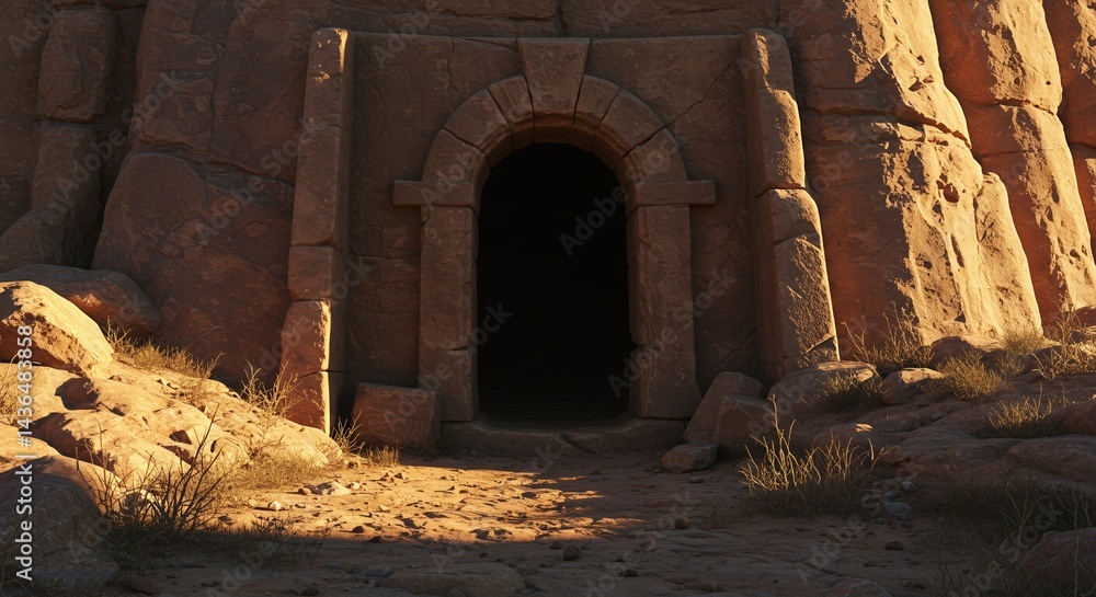 Obraz premium Stone Archway Entrance in Desert Rock Formation with Shadowy Interior