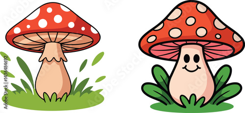 cute cartoon mushroom clipart, kawaii magic mushroom illustration, smiling toadstool graphic, happy mushroom art design