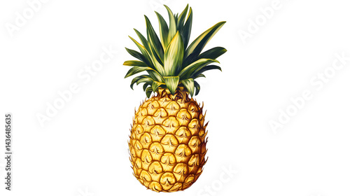 Botanical illustration, vintage pineapple print, detailed drawing, vibrant yellow fruit, green spiky leaves