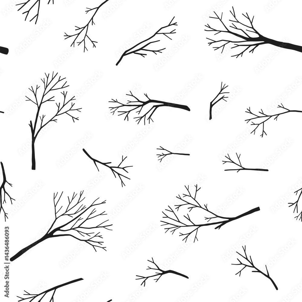 Obraz premium Natural organic eco seamless pattern, leafless tree and bare branch silhouette, outdoor autumn or winter hand drawn isolated clip art, wood collection for Halloween banner, card layout, fabric design