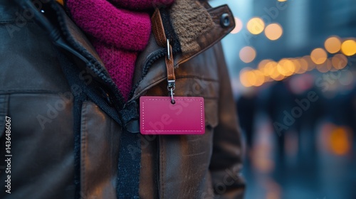 Blank Pink Name Tag on Brown Leather Jacket in City