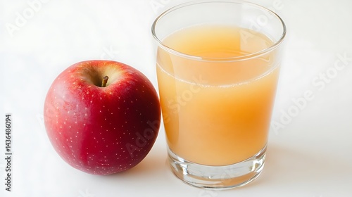 A red apple next to a glass filled with apple juice on white table