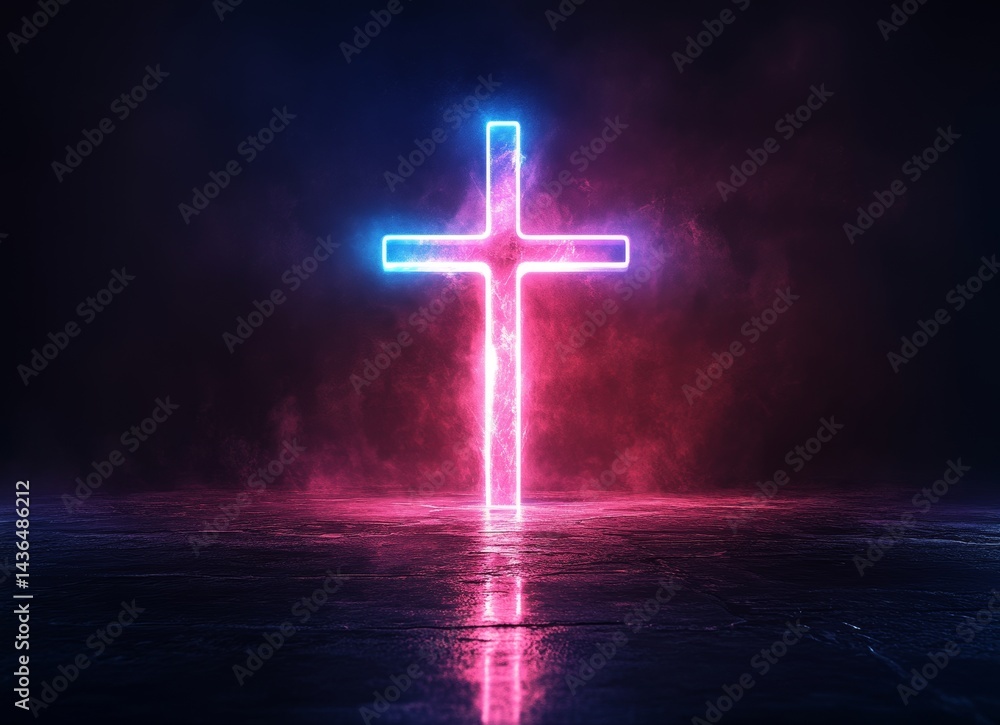 Fototapeta premium Luminous blue and red curved lines, characterized by their abstract nature, converge to create a dynamic and symmetrical pattern against a dark, futuristic-looking backdrop